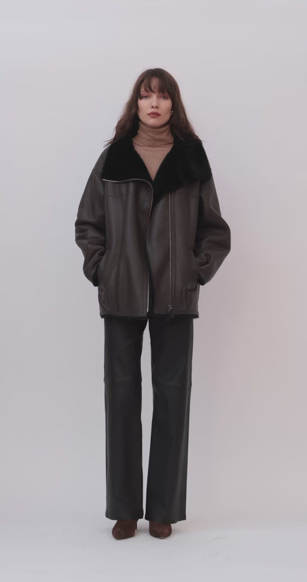 Veste MARY – Peau Lainée Chocolat & Laine Noire
